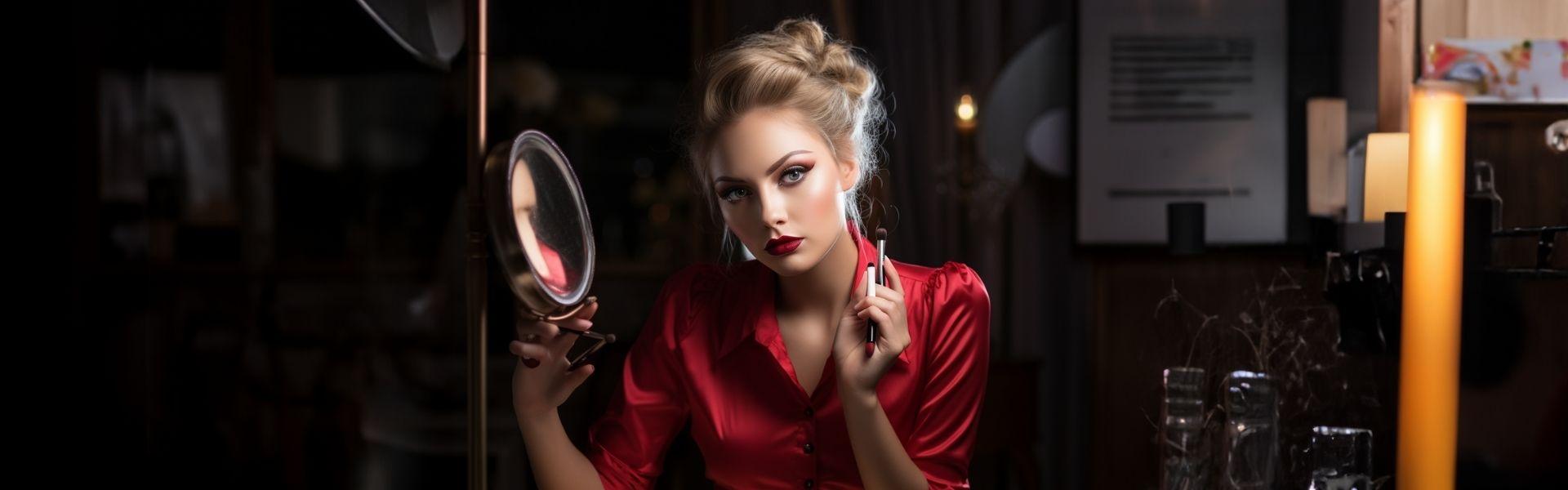 Vrouw in een luxe kamer kijkt in een spiegel en is in rood aangekleed.