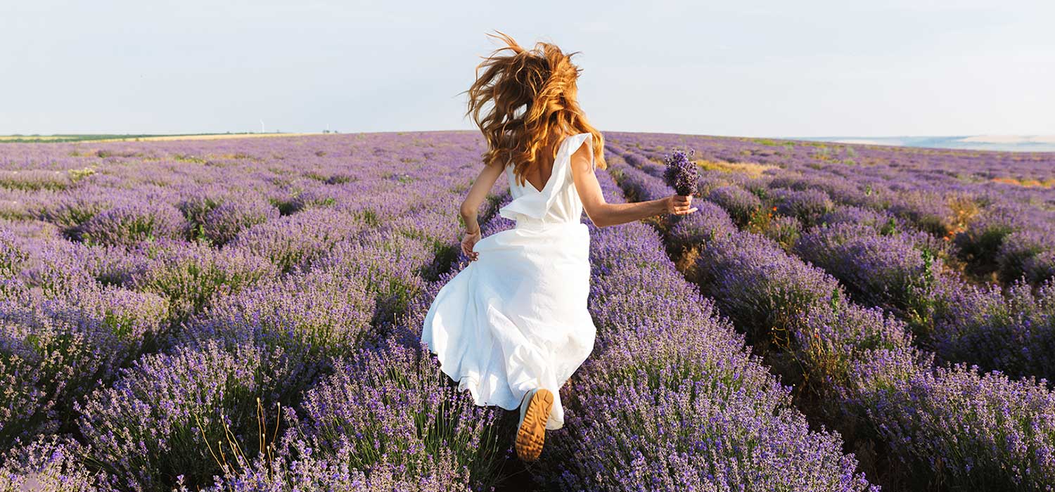 Een vrouw in een witte jurk rent door een lavendelveld